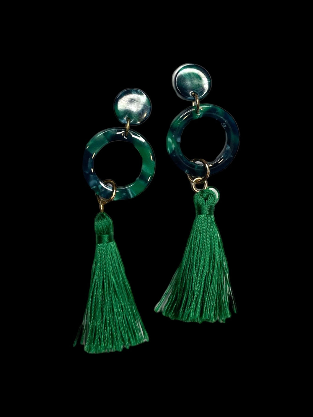 Teal & green circle, ring, & tassel dangle earrings w/ secure lock backs
