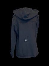 Load image into Gallery viewer, XL Black long sleeve double breasted coat w/ hood, pockets, &amp; belt loops
