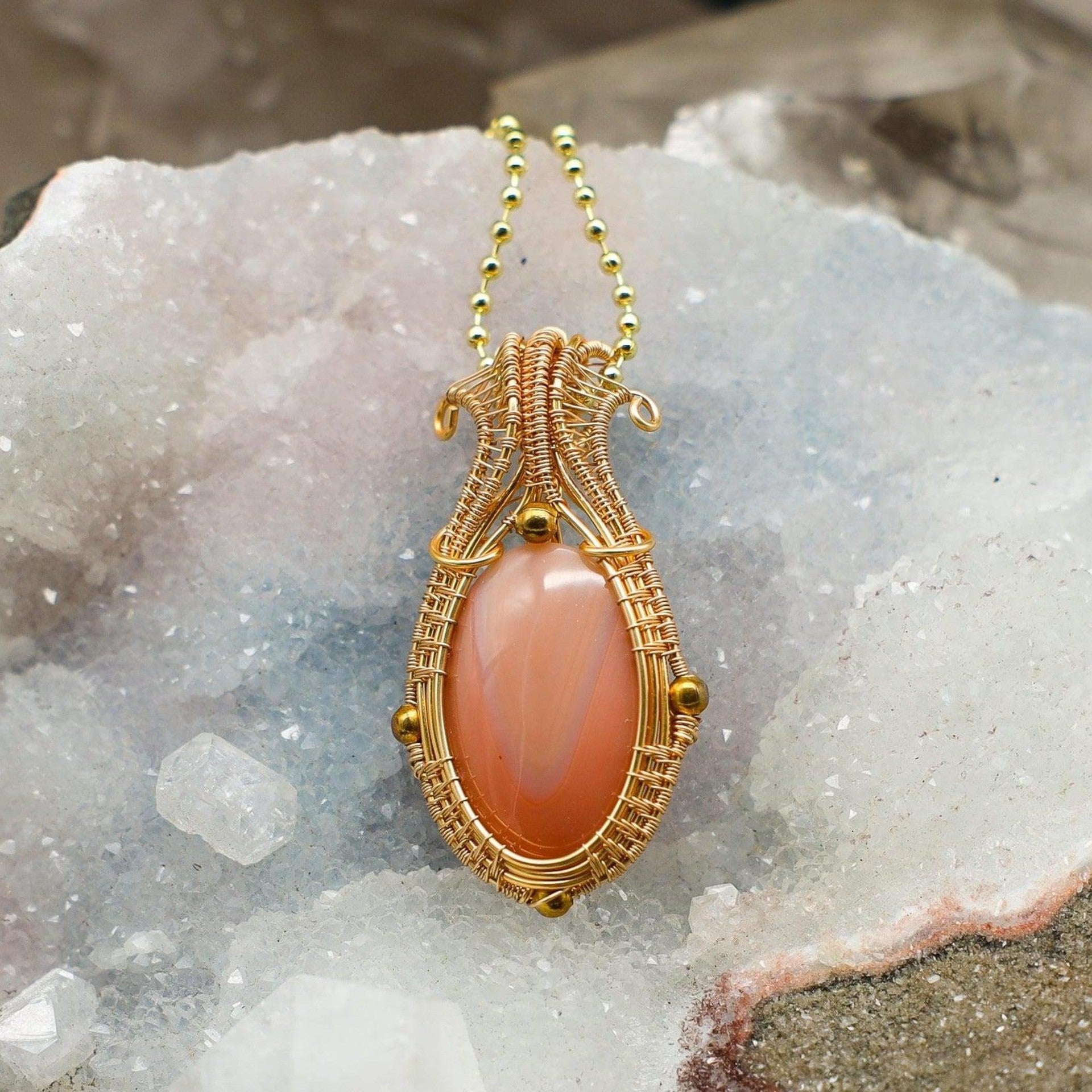 Apricot Agate Wire Wrap Crystal Pendant