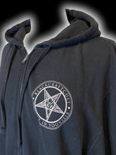 Load image into Gallery viewer, 2X Black &amp; grey long sleeve zip up hoodie w/ “You Keep Praying I’ll Keep Evolving” text, &amp; Blackcraft Cult logo
