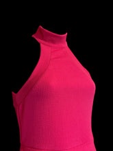 Load image into Gallery viewer, XXS Hot pink sleeveless high neckline mock wrap skirt bodycon dress w/ asymmetric hem, textured fabric, &amp; zipper closure
