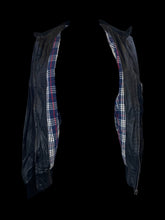 Load image into Gallery viewer, L Black leather zip-up jacket w/ blue, white, &amp; red cotton lining, zipper details, &amp; rib knit hems
