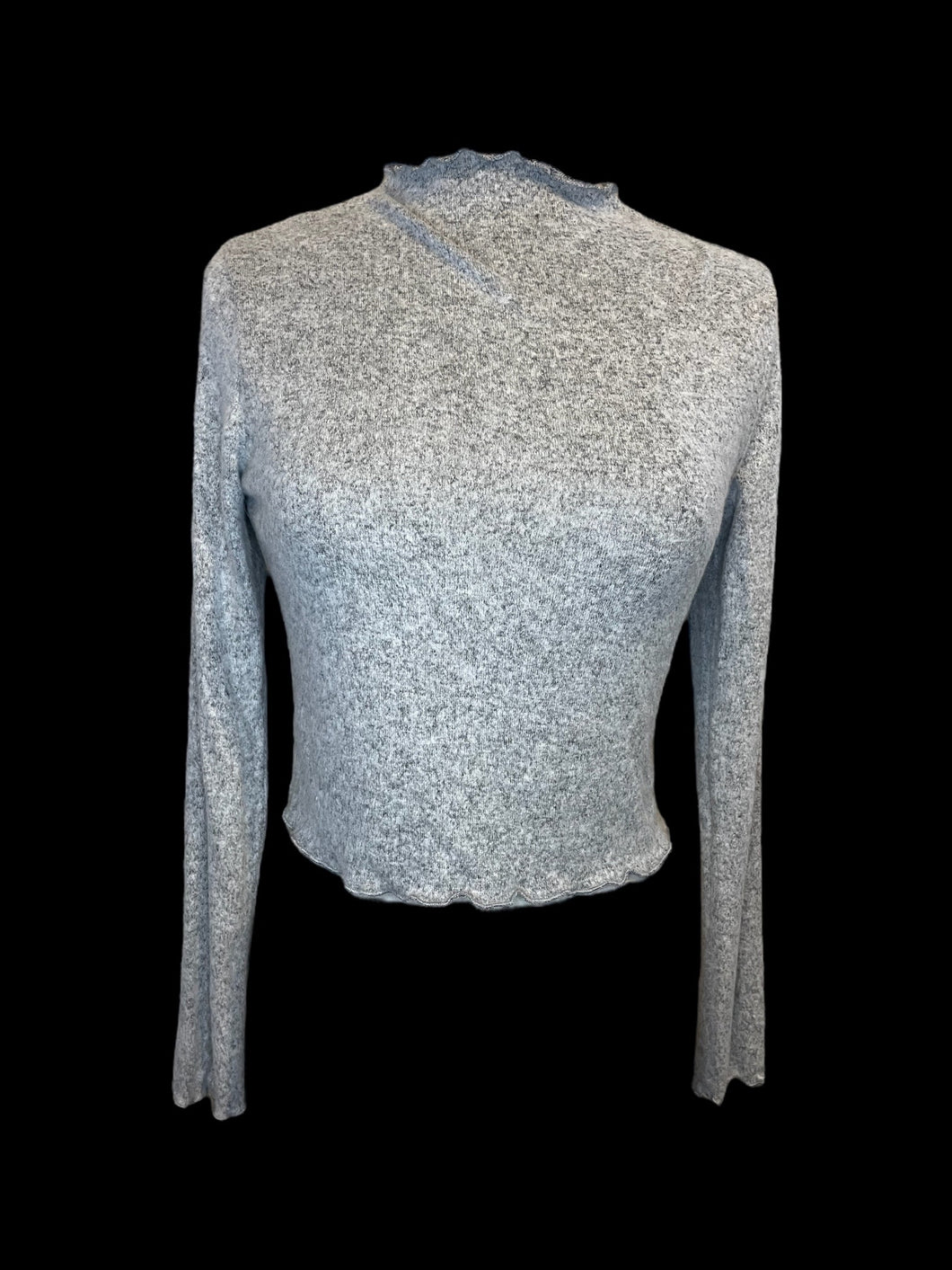 L Heather grey long sleeve high neckline crop sweater w/ lettuce hem