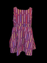 Load image into Gallery viewer, XL Plum &amp; multicolor pencil pattern sleeveless round neckline knee length dress w/ pockets, &amp; clasp/zipper closure
