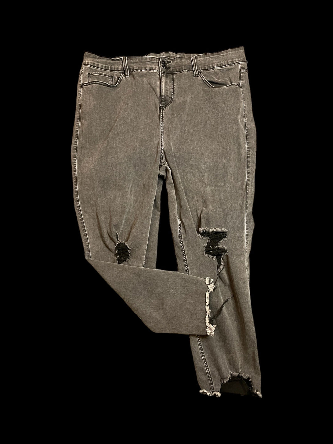 XL Dark grey cotton blend distressed high waist taper leg pants w/ raw hems, pockets, belt loops, two button/zipper closure