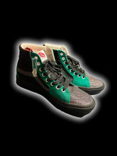 Load image into Gallery viewer, NWT 8M/9.5W Rainbow glitter, black, &amp; green custom high top Vans w/ black laces, &amp; bag
