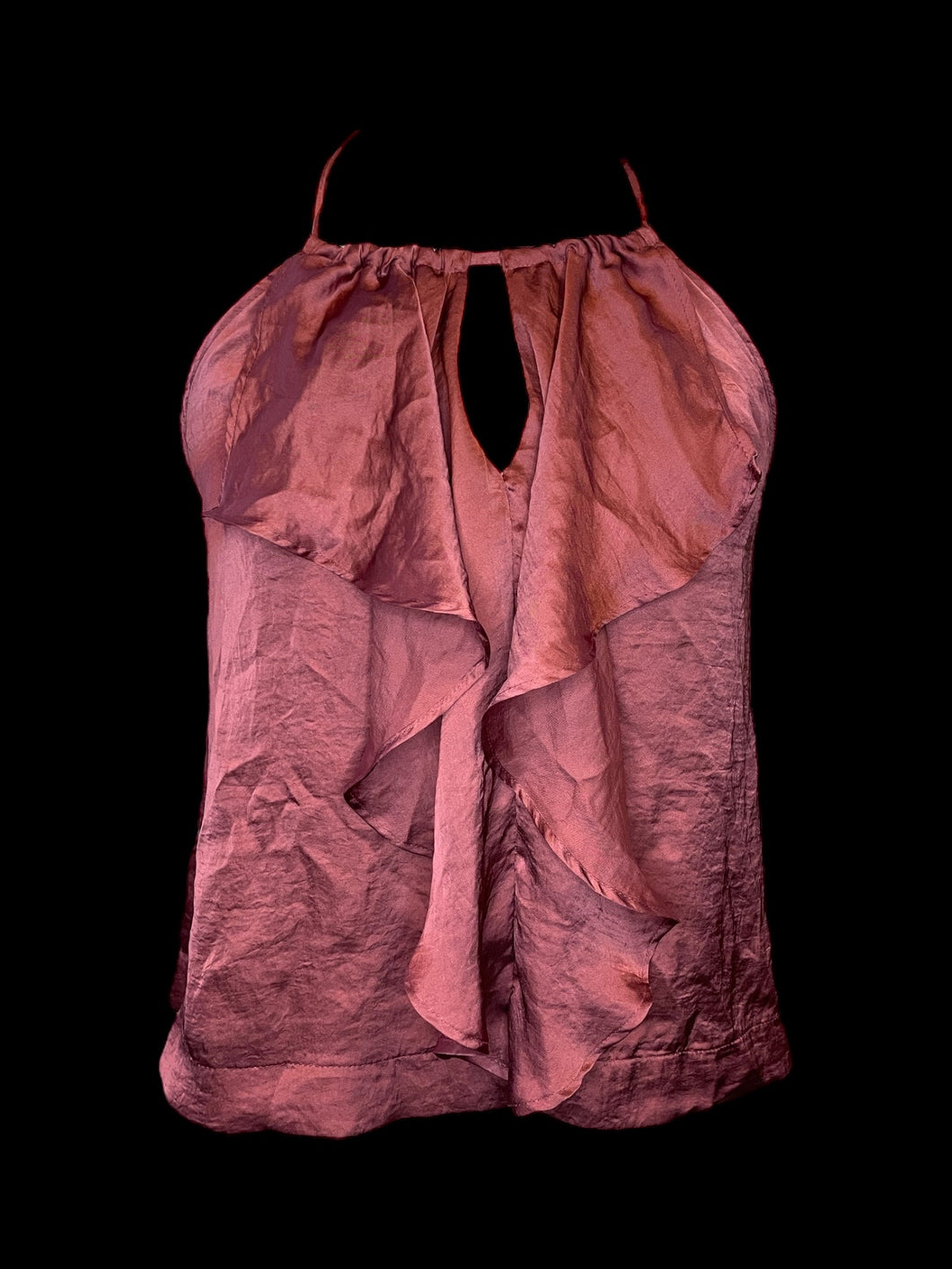 S Dark pink satin sleeveless high neckline top w/ ruffle detail, & keyhole detail