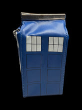 Load image into Gallery viewer, Blue, black, &amp; white TARDIS crossbody bag w/ silver-like chain strap, &amp; magnetic clasp
