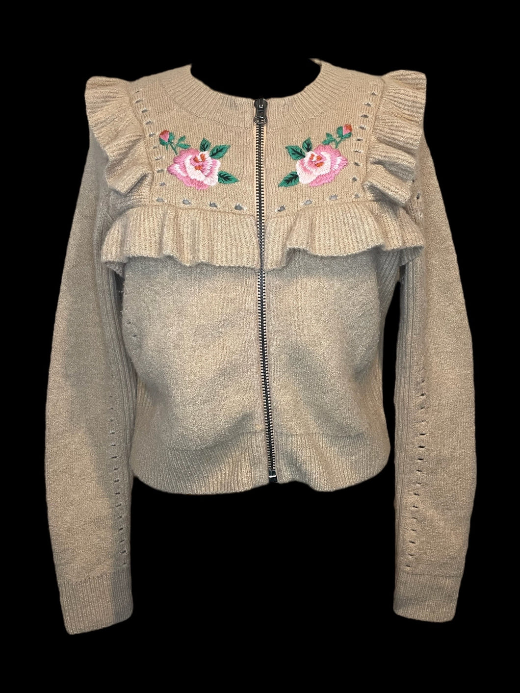 0X Light brown knit long sleeve round neckline zip-up crop cardigan w/ floral embroidery, & ruffle details