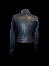 Load image into Gallery viewer, XS Vintage 70s black leather &amp; cotton long sleeve crop jacket w/ pockets, &amp; snap details
