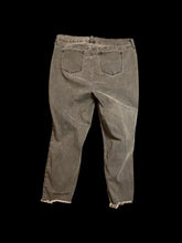 Load image into Gallery viewer, XL Dark grey cotton blend distressed high waist taper leg pants w/ raw hems, pockets, belt loops, two button/zipper closure
