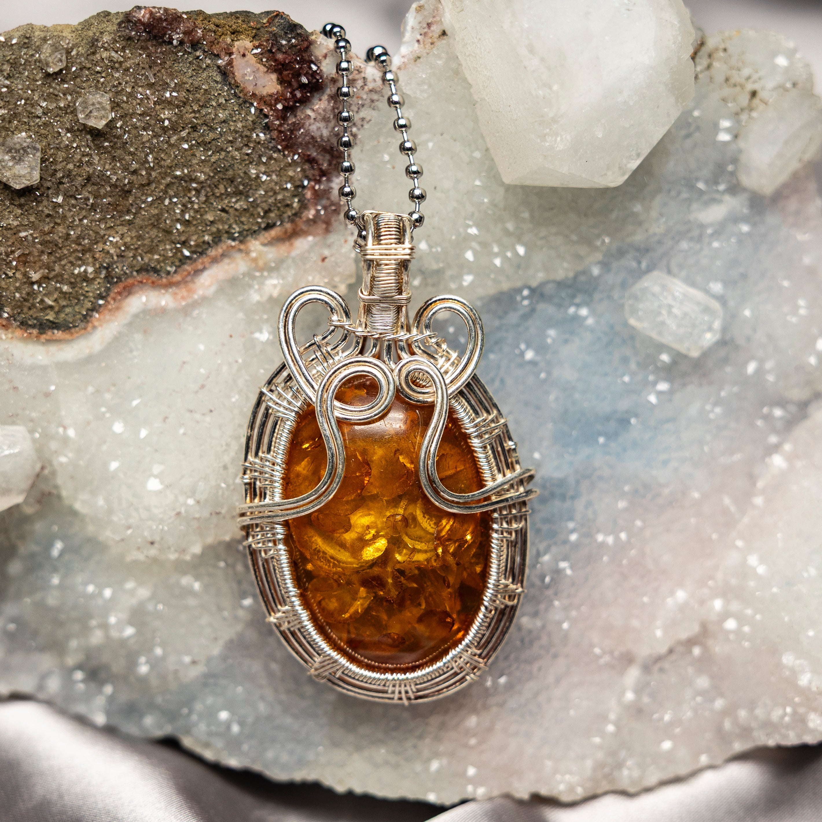 Baltic Amber Wire Wrap Crystal Pendant