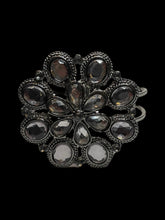 Load image into Gallery viewer, Silver-like hinge closure cuff bracelet w/ multiple clear cut gem floral setting
