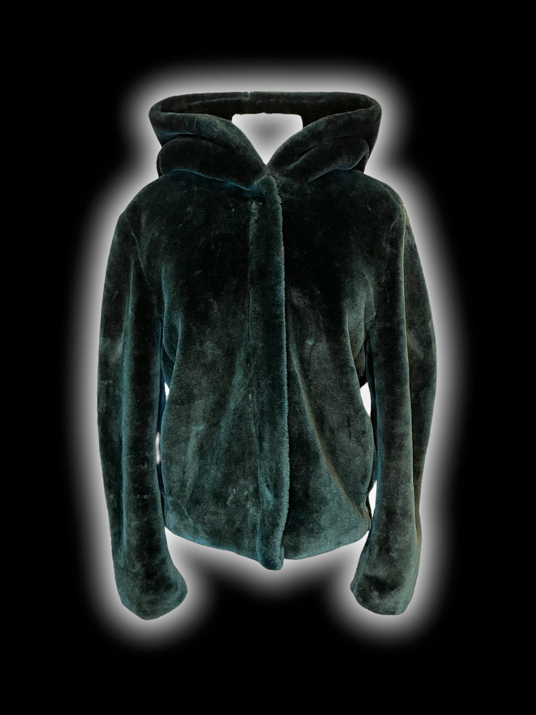L Dark green faux fur zip-up jacket w/ snap button neckline, & hood
