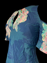 Load image into Gallery viewer, S Blue &amp; green short sleeve cold shoulder dress w/ floral pattern, button keyhole chest, pleating, teal petticoat, &amp; clasp/zipper closure
