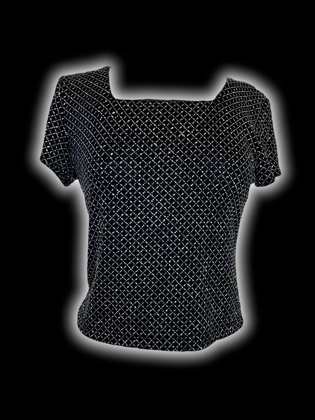 0X Vintage 80s black short sleeve top w/ glitter diamond window pane plaid design