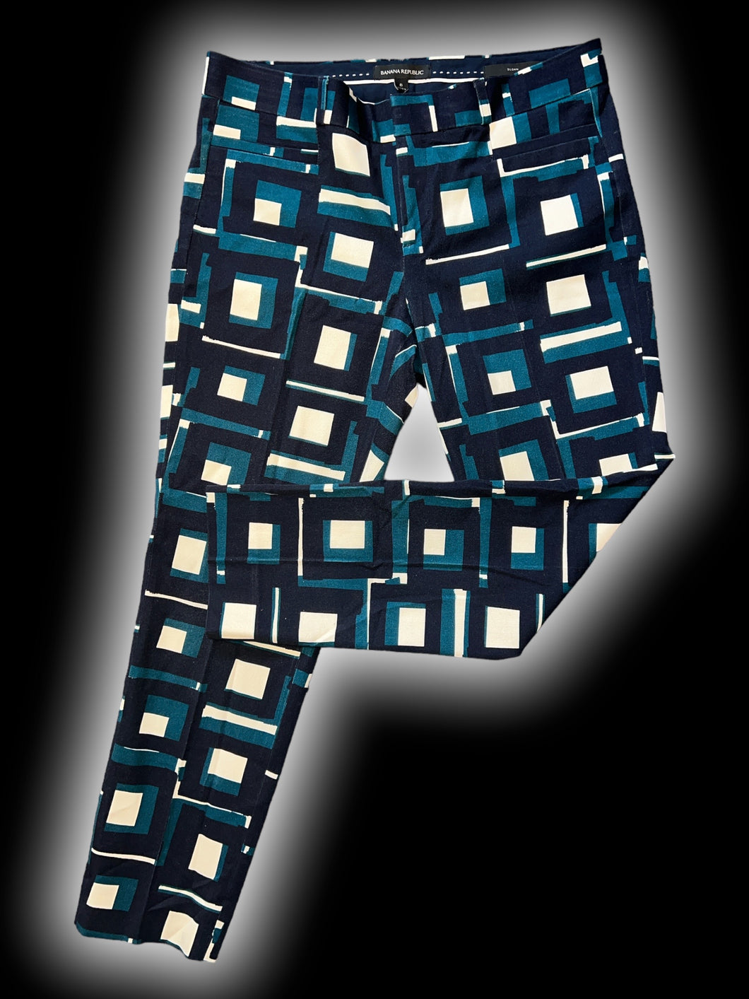 S Blue & white straight leg pants w/ abstract square pattern, button/clasp/zipper closure, & pockets
