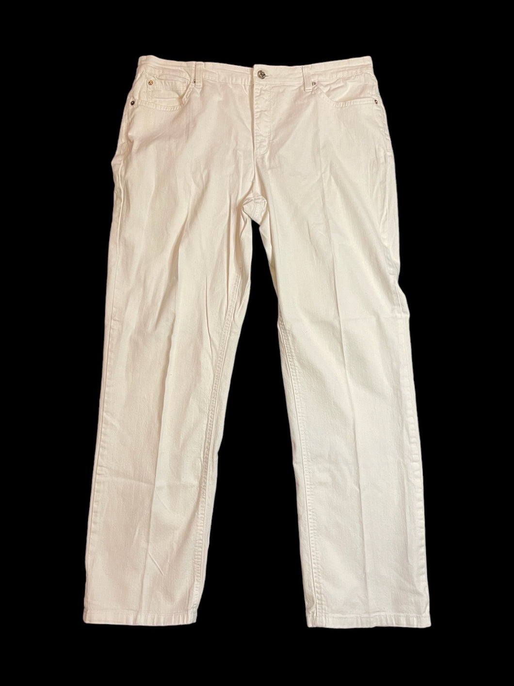 XL White denim high waist straight leg pants w/ pockets, belt loops, & button/zipper closure
