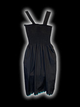 Load image into Gallery viewer, S Black sleeveless shirred bust dress w/ tulip botanical embroidery, &amp; teal scalloped hem
