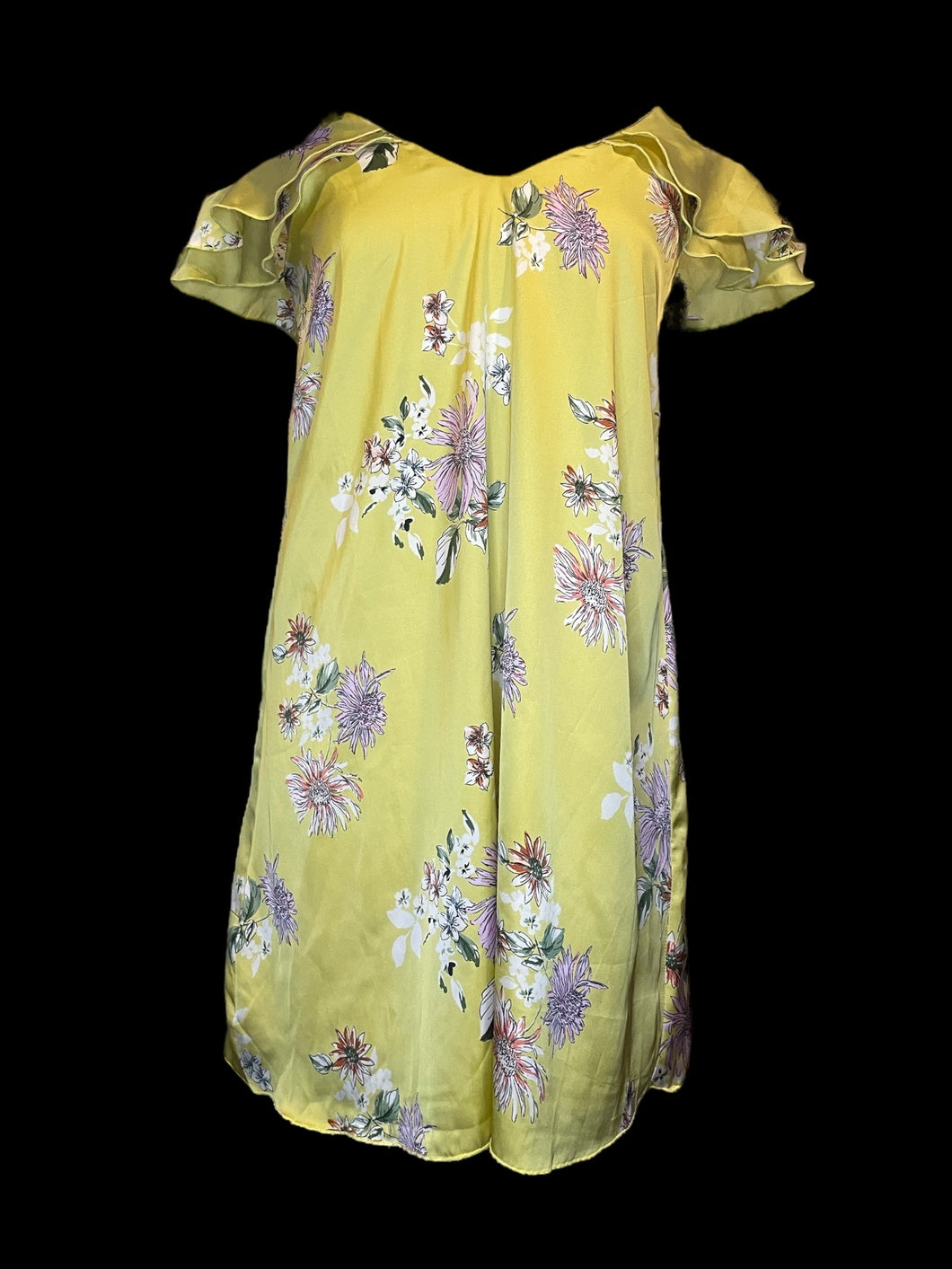 M Yellow & multicolor floral satin flutter sleeve cold shoulder dress
