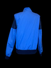 Load image into Gallery viewer, L Vintage 80s blue &amp; black long sleeve 3/4 button down jacket w/ pockets, &amp; ribbed hems
