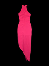 Load image into Gallery viewer, XXS Hot pink sleeveless high neckline mock wrap skirt bodycon dress w/ asymmetric hem, textured fabric, &amp; zipper closure

