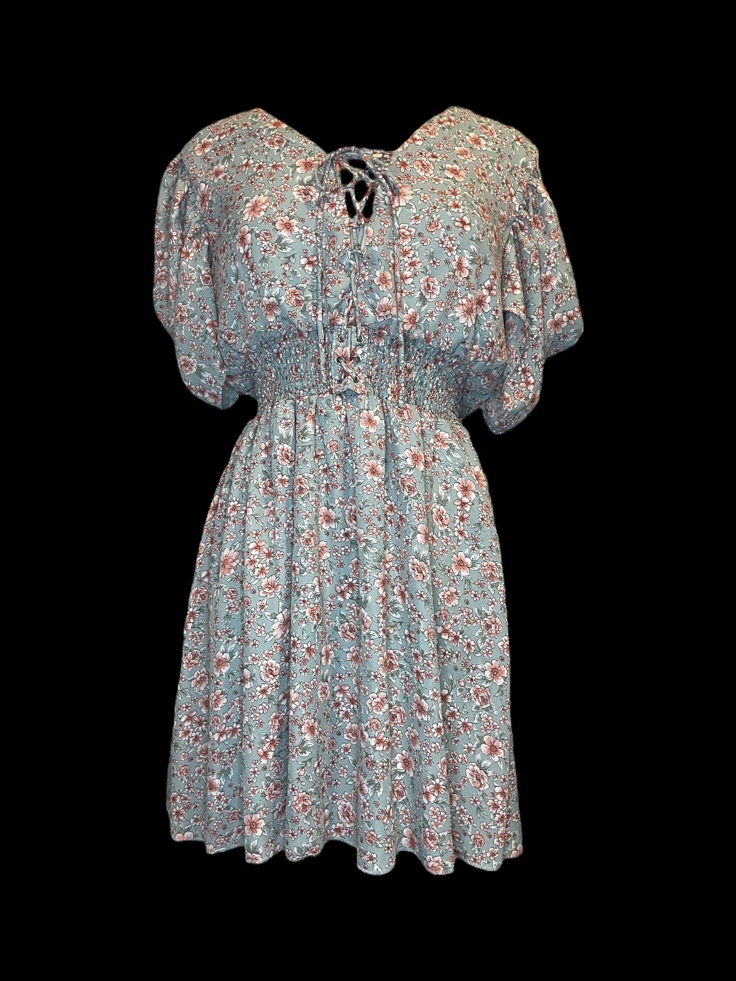 L Light blue, pink, & white floral flutter sleeve lace up v-neckline dress w/ shirred waist, & cross strap back