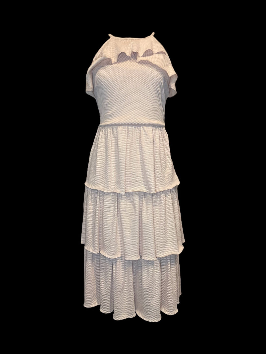 M Dusty rose faux mesh sleeveless high neckline tiered maxi dress w/ tie keyhole detail, & zipper closure