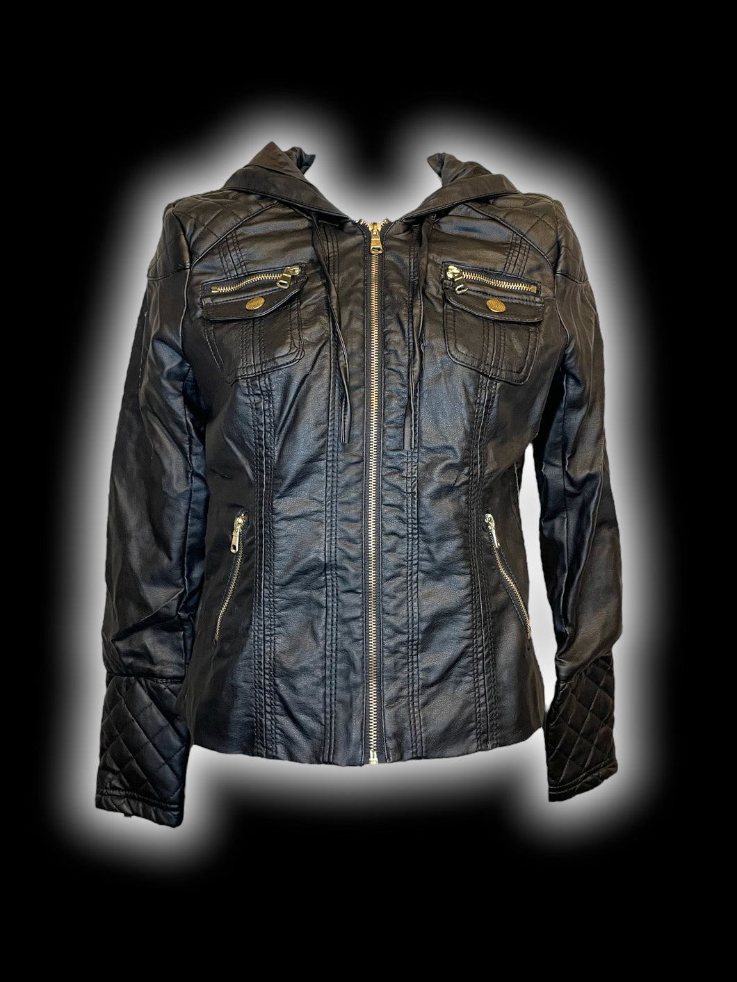 M Black pleather zip-up jacket w/ pockets, zipper details, hood, & quilted pattern detail