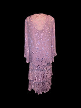 Load image into Gallery viewer, 2X Vintage 80s lilac silk floral design shawl &amp; tiered maxi dress set w/ shoulder pads, &amp; beading details
