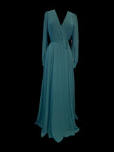 Load image into Gallery viewer, XS NWT Dark green balloon sleeve wrap gown w/ button cuffs
