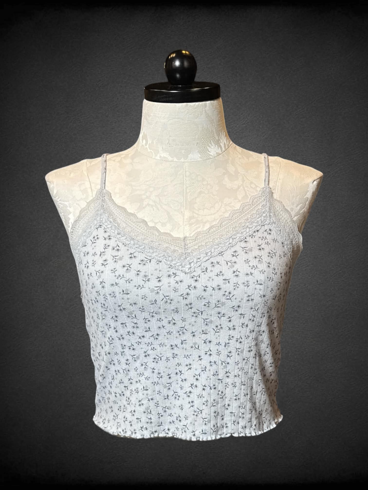 0X No Boundaries off white sleeveless crop top with blue florals and lace details