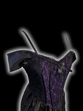 Load image into Gallery viewer, M NWT Vintage Black &amp; purple satin, velvet, &amp; lace sleeveless maxi dress w/ adjustable straps, structured bodice, shirred back, &amp; gathering in skirt
