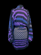 Load image into Gallery viewer, 3X Vintage 80s black, purple, blue, &amp; grey multi-pattern long sleeve open front cardigan w/ cloth belt
