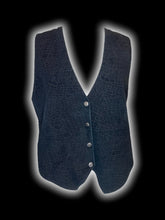 Load image into Gallery viewer, L Vintage 70s black leather waistcoat w/ silver-like buttons, &amp; satin lining
