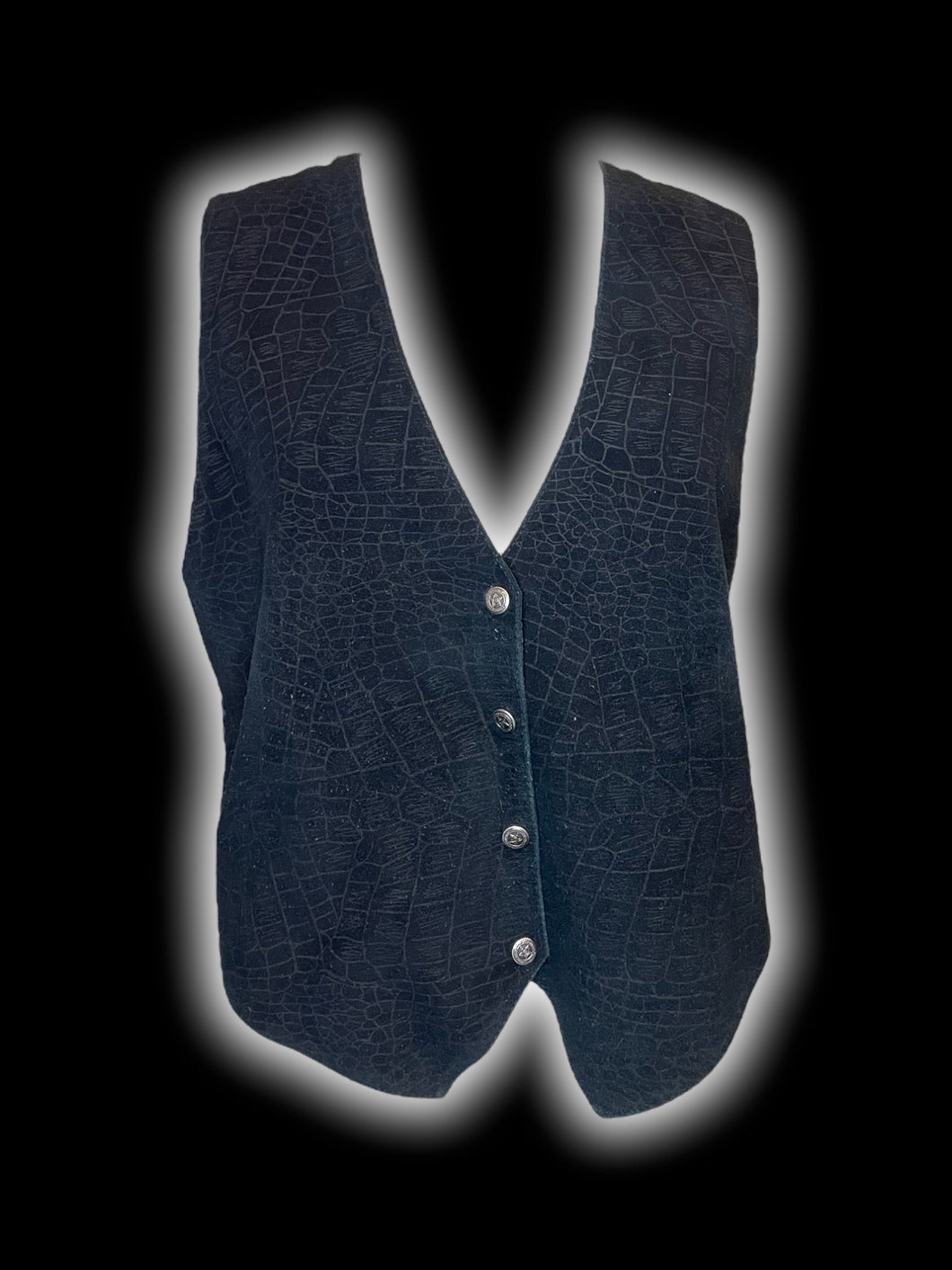 L Vintage 70s black leather waistcoat w/ silver-like buttons, & satin lining