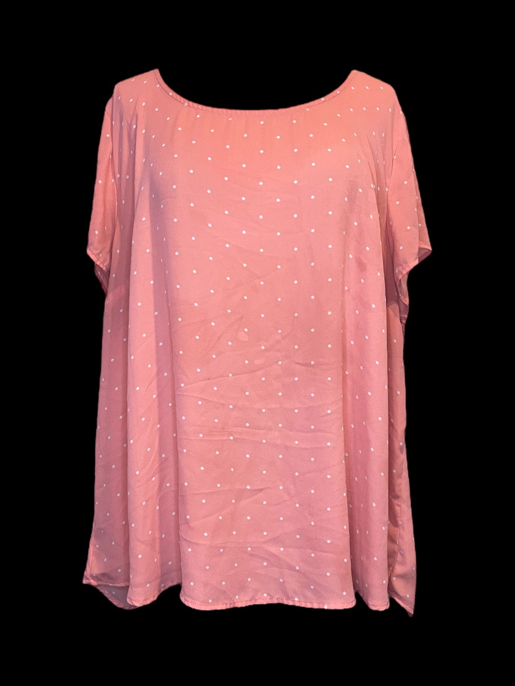 4X Pink & white polka dot short sleeve scoop neck top w/ button down back