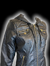 Load image into Gallery viewer, M Black pleather zip-up jacket w/ pockets, zipper details, hood, &amp; quilted pattern detail
