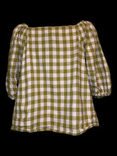 Load image into Gallery viewer, 0X Olive green &amp; pink gingham puff sleeve off the shoulder button down crop top w/ elastic details
