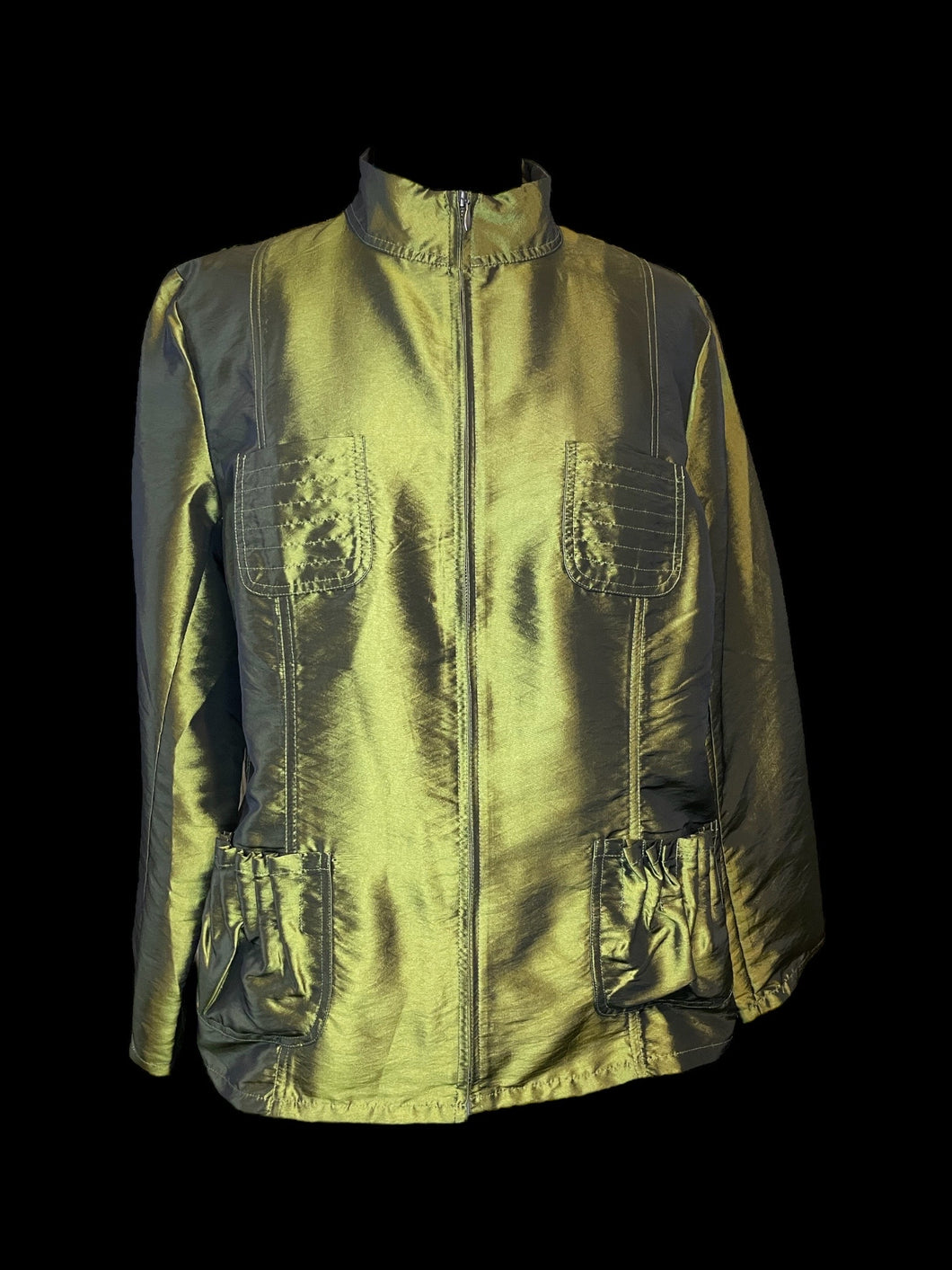 1X NWT Olive green high neckline zip-up jacket w/ pleating details, & pockets