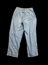Load image into Gallery viewer, S Vintage 90s blue denim-like cotton high waist straight leg pants w/ pocket, cuffed hems, &amp; double button/zipper closure

