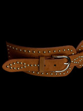 Load image into Gallery viewer, 1X Brown faux suede &amp; pleather elastic waist belt w/ gold-like hardware, adjustable buckles, &amp; two snap closure
