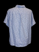 Load image into Gallery viewer, 3X Vintage blue &amp; white pinstripe short sleeve button down purple &amp; black floral top w/ folded collar
