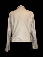 Load image into Gallery viewer, L Beige pleather long sleeve zip-up moto-style jacket w/ folded collar, pockets, &amp; buckle details
