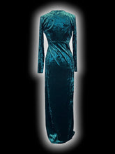 Load image into Gallery viewer, L Green crushed velvet long sleeve deep v-neckline maxi dress w/ side slit, &amp; side zipper closure
