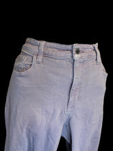Load image into Gallery viewer, XL Lilac distressed denim high waist taper leg pants w/ pockets, belt loops, &amp; button/zipper closure
