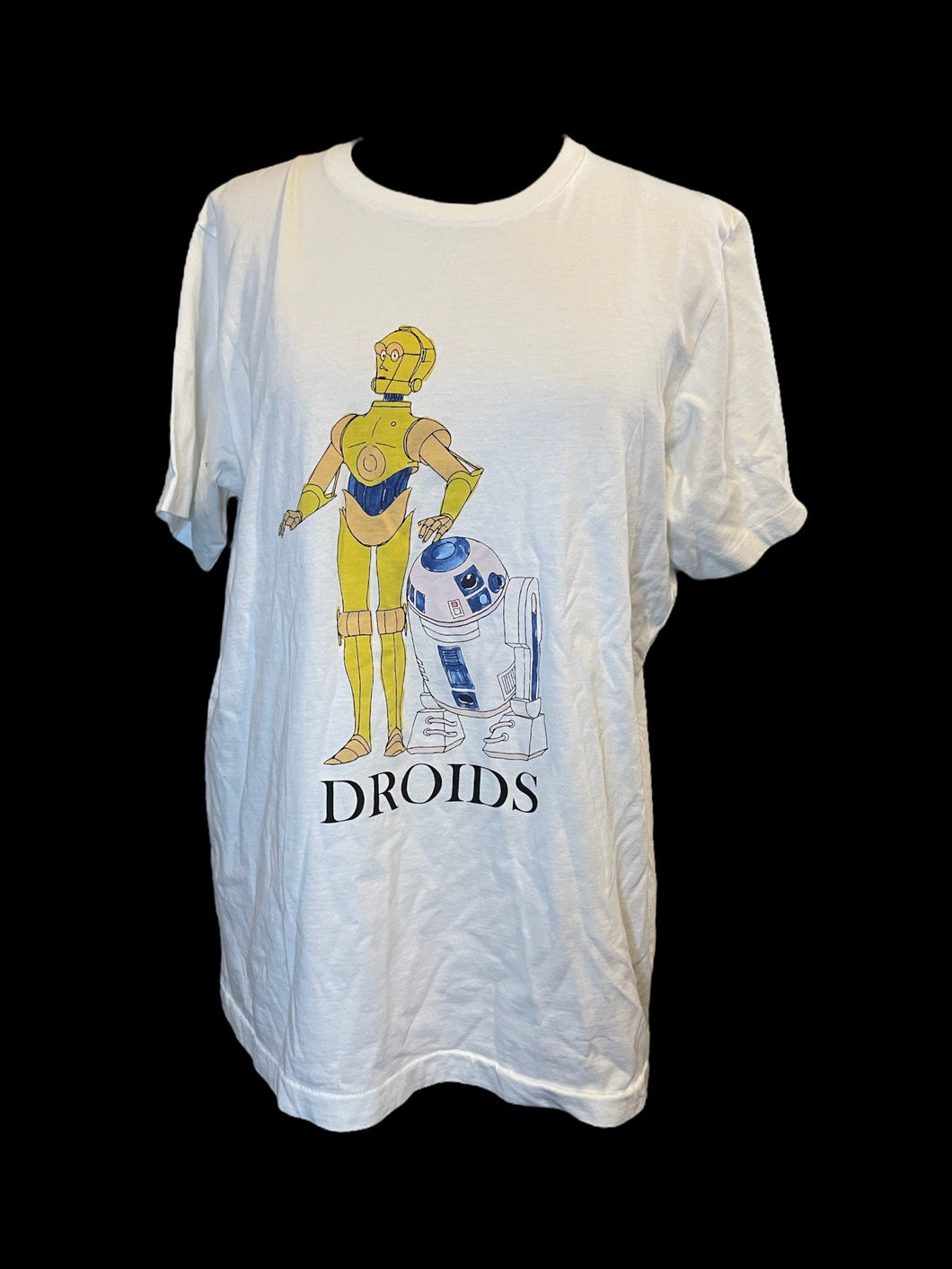 XL White, black, blue, & yellow cotton C-3PO & R2-D2 graphic short sleeve crew neckline top w/ “Droids” text