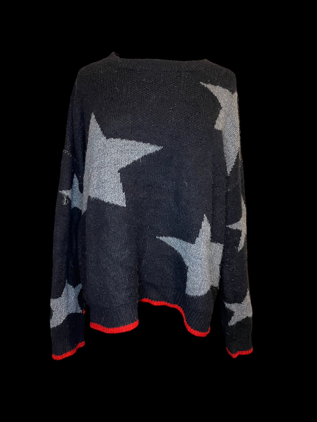 4X Black knit sweater w/ metallic knit star pattern, & red hems