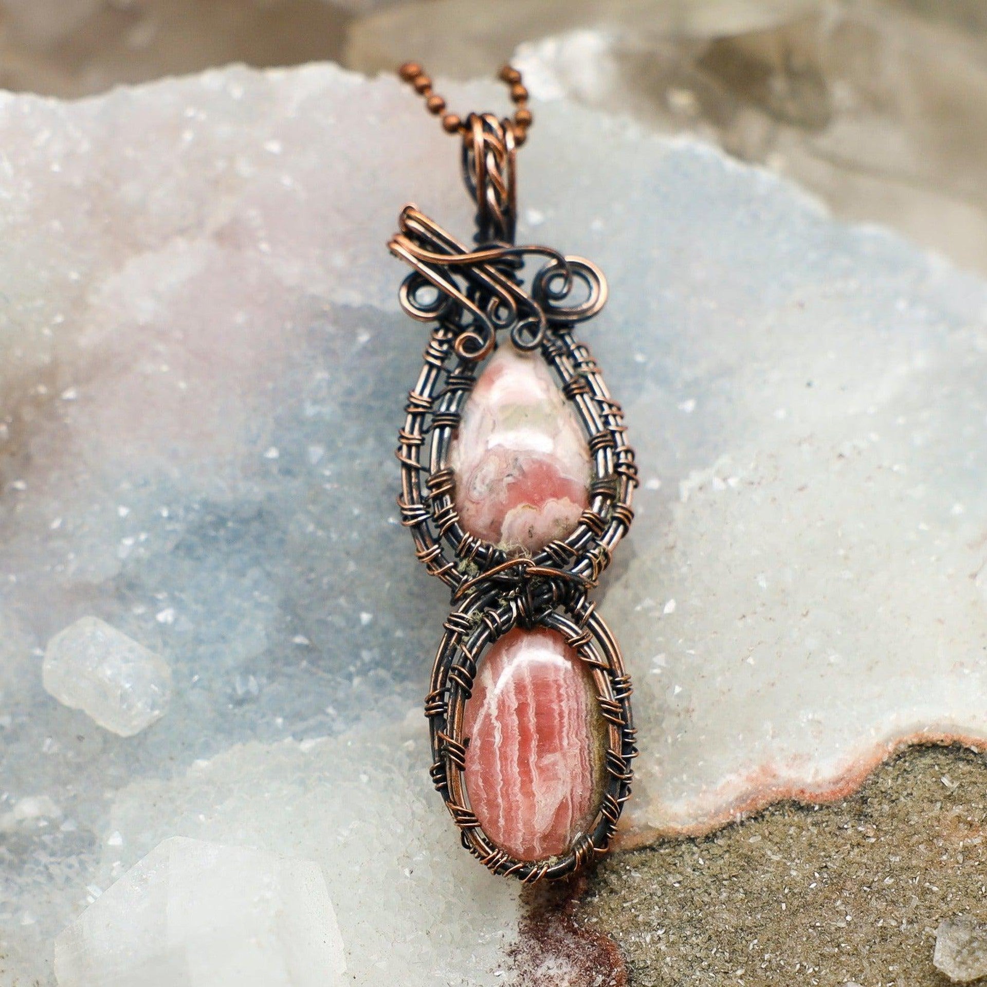 Dual Rhodochrosite Wire Wrap Crystal Pendant