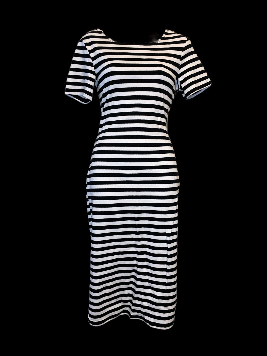 L NWT Black & white stripe short sleeve bodycon dress w/ back zipper closure